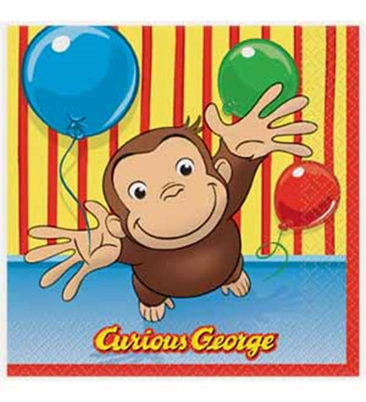 Square paper napkin with Curious George reaching out, colorful balloons, and red-yellow striped background.
