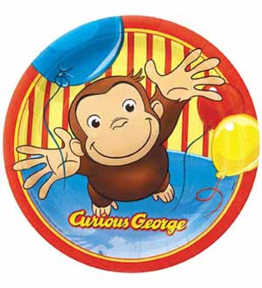 Round paper plate with Curious George reaching forward on a red, yellow, and blue striped background.