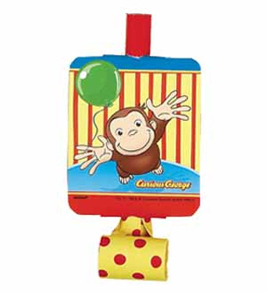 Curious George blowout with red, yellow, and blue colors, featuring a monkey and green balloon design, yellow polka-dot.