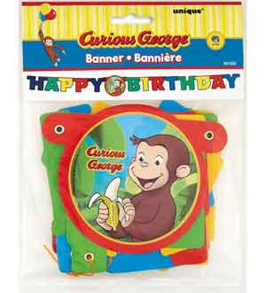 Colorful Curious George birthday banner with cartoon monkey holding bananas on round panels.
