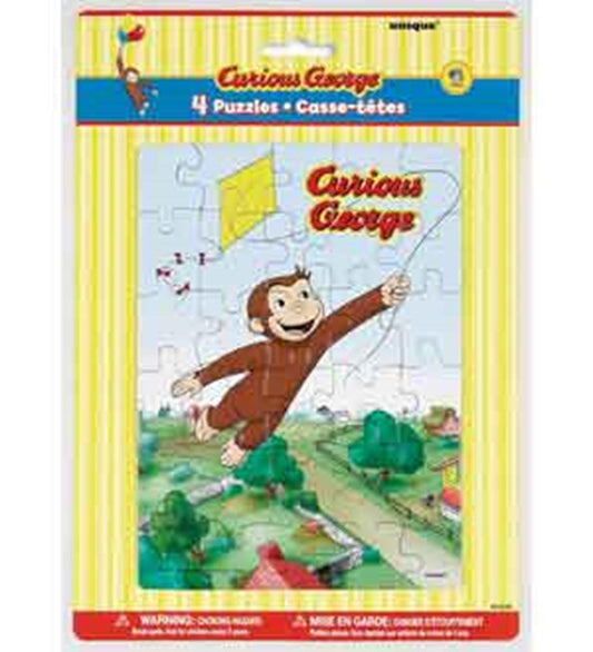 Set of four colorful Curious George puzzles featuring playful monkey and outdoor scenes in rectangular boxes.