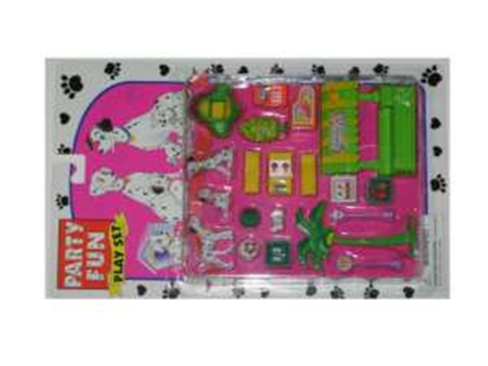 Children's toy set featuring Dalmatian-themed party accessories in bright pink and green packaging with black paw prints.