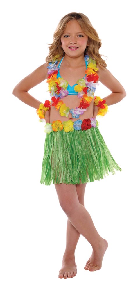 Child wearing a green grass hula skirt and multicolor flower lei necklace and bracelet set.