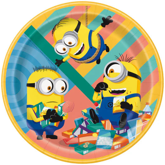 Round 9-inch paper plate with colorful striped background and three playful Minions from Despicable Me.
