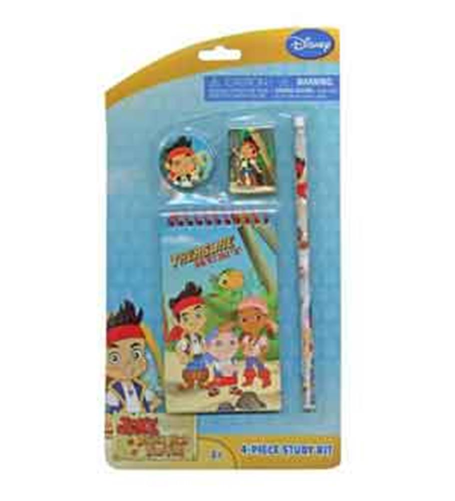 Jake-themed study kit with pencil, sharpener, eraser, and notebook featuring colorful Disney pirate characters on blue.