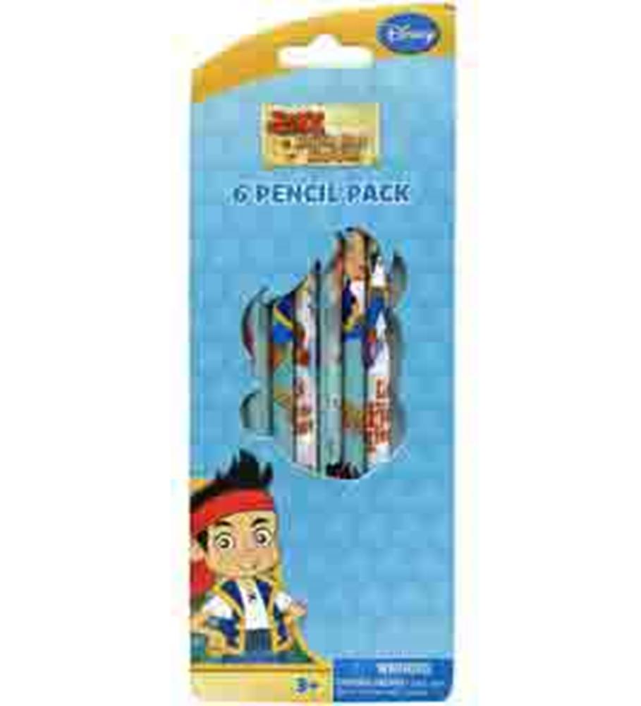 Pack of six wooden pencils featuring colorful Jake and The Neverland Pirates designs in blue packaging with Disney logo.
