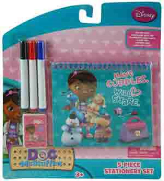 Doc McStuffins-themed stationery set with pink and blue notepad, four colored markers, and matching stickers in packaging.