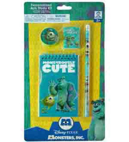 Monsters University 4-piece study kit with blue notebook, pencil, eraser, and sharpener featuring Sulley and Mike characters.