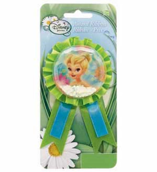 Green and blue award ribbon with pleated edge and Tinkerbell image center on a green card backing.