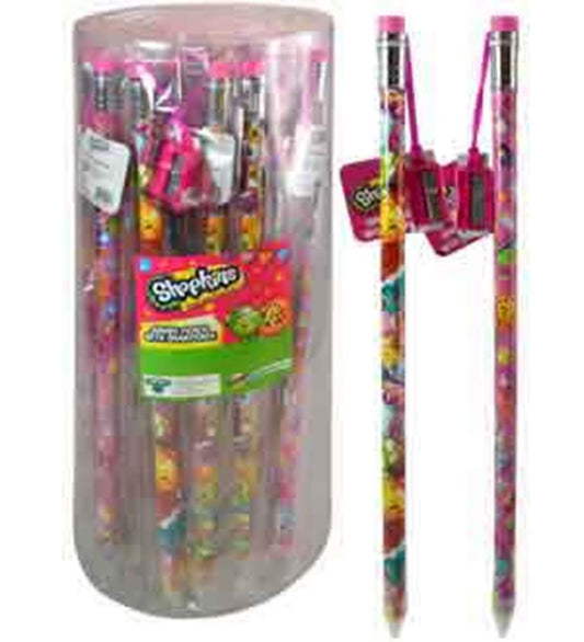 Set of colorful 15-inch Shopkins jumbo pencils with cartoon character prints and pink erasers in a clear plastic container.