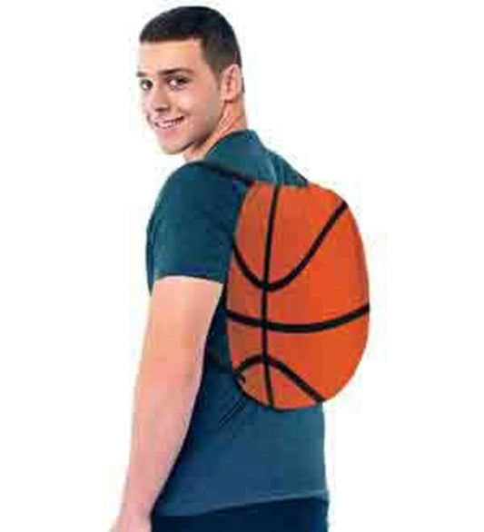 Orange basketball-themed drawstring backpack worn by young man in teal shirt.