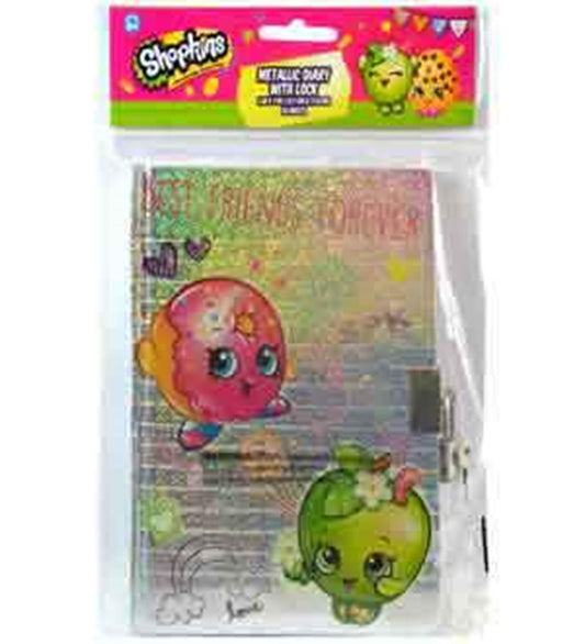 Shopkins foil-covered diary with pink and green character illustrations, spiral-bound, 50 sheets.