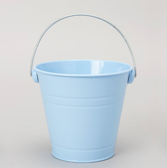 Light blue metal pail bucket with smooth finish and thin wire handle.
