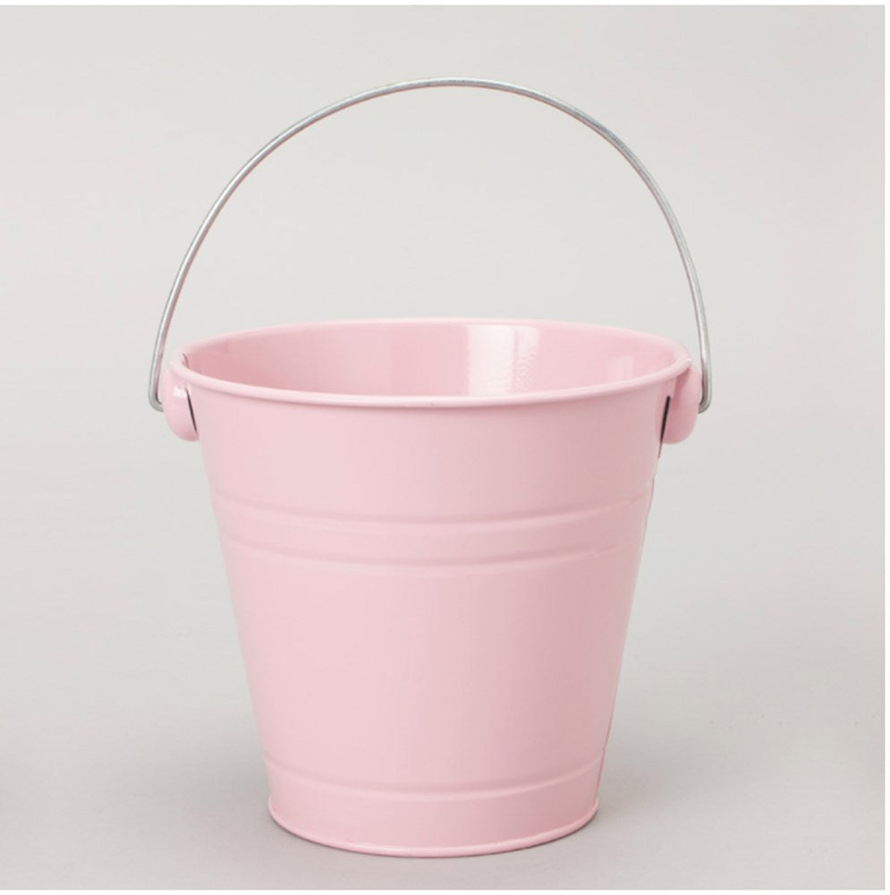 Small pink metal bucket with smooth curved sides and a thin silver handle.