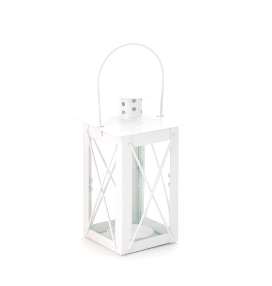 White metal candle cage lantern with glass panels and a curved handle.