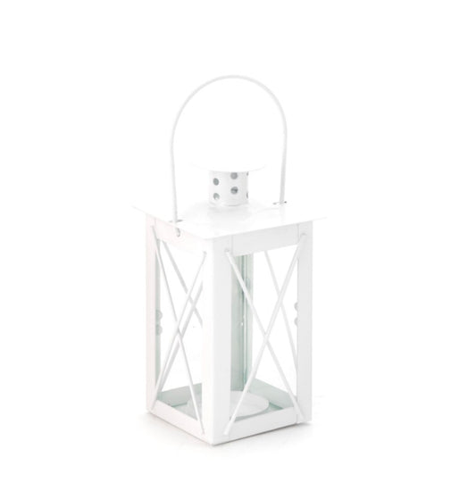 White metal candle cage lantern with glass panels and a curved handle.