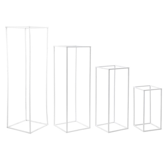 Set of four white metal floral box stands in varying heights, minimalist rectangular open-frame design.