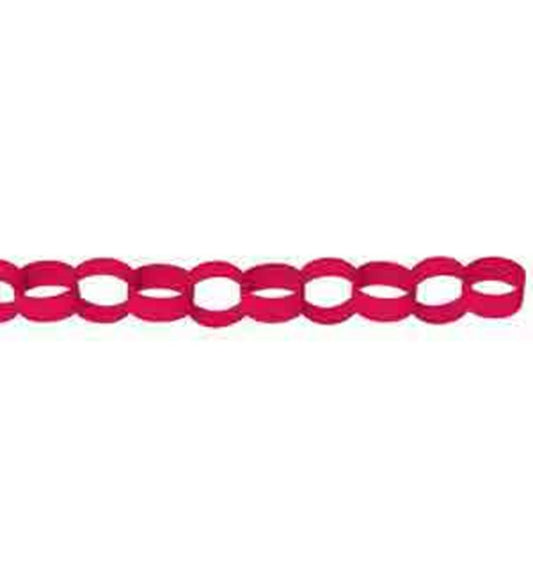 Apple red paper chain link garland with oval-shaped links on white background.