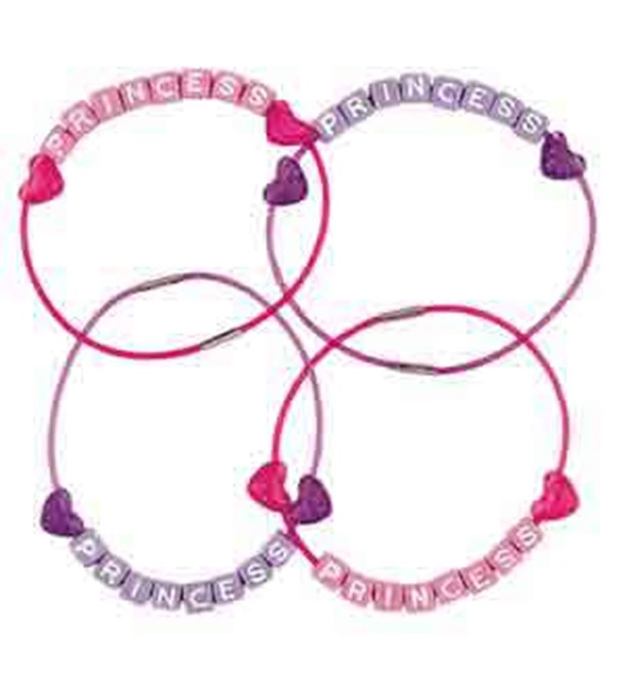 Colorful adjustable string bracelets with block letter beads spelling "PRINCESS" and heart-shaped beads in pink and purple.
