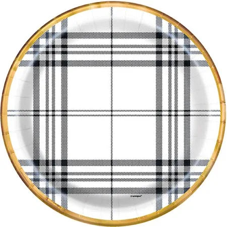 Round 9-inch white paper plate with black plaid pattern and a golden rim lining.
