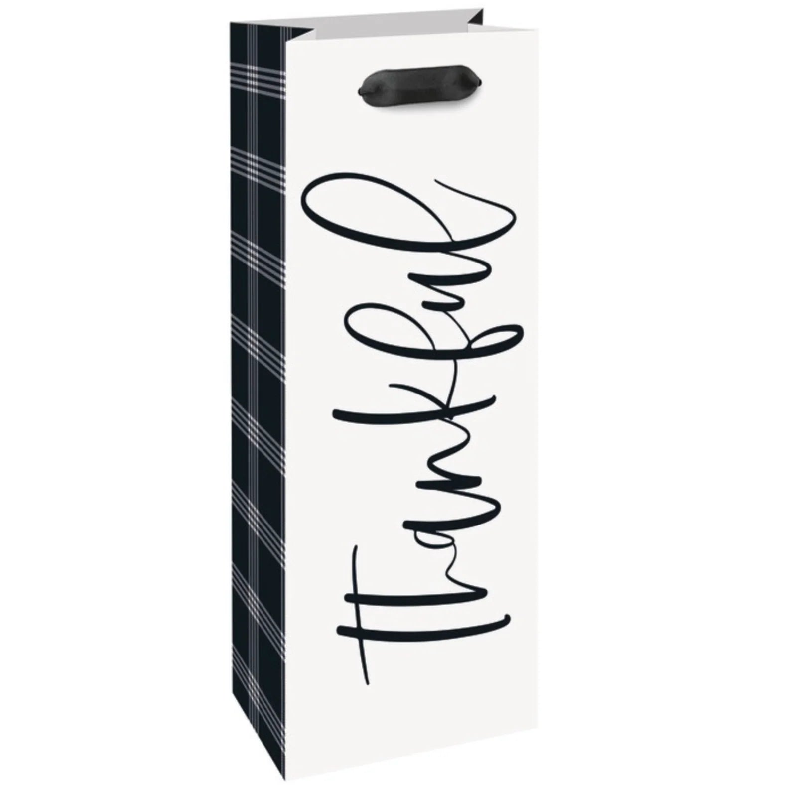White paper wine gift bag with black plaid sides and "thankful" in black script, black ribbon handles.