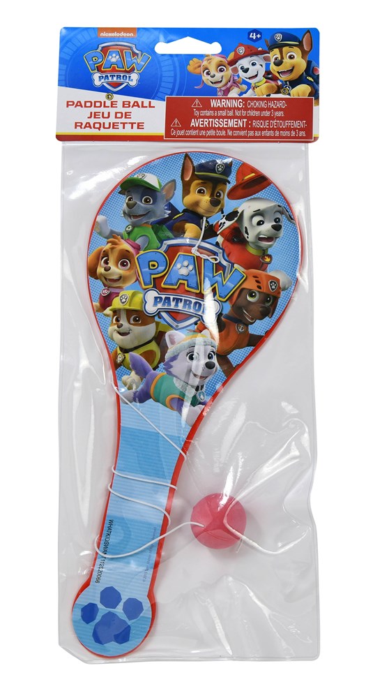 Blue plastic paddle with Paw Patrol characters printed on the face and a red ball attached by a string.
