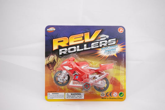 Red plastic toy motorcycle with silver wheels and black details, packaged on colorful card with yellow and blue background.