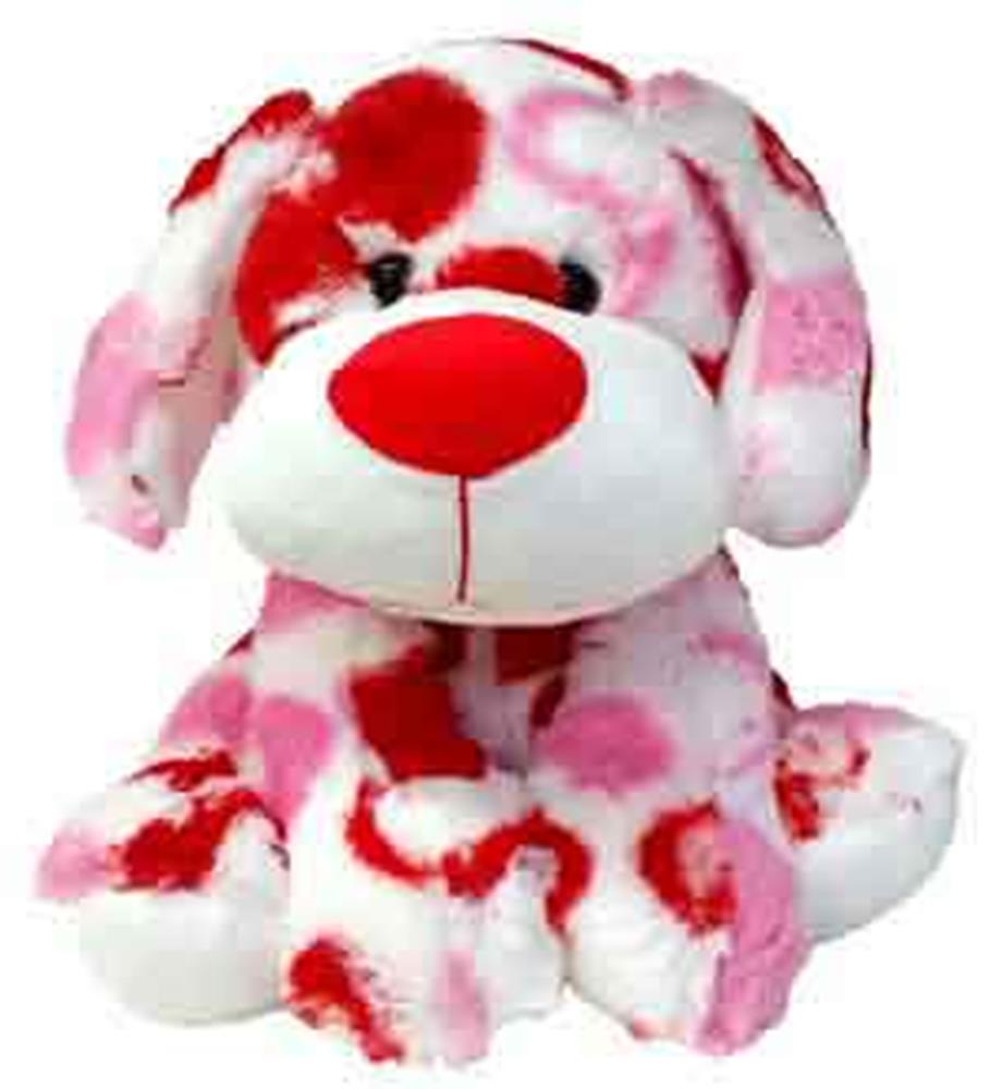 Plush dog toy with white fur covered in red and pink hearts, large red nose, and floppy ears.