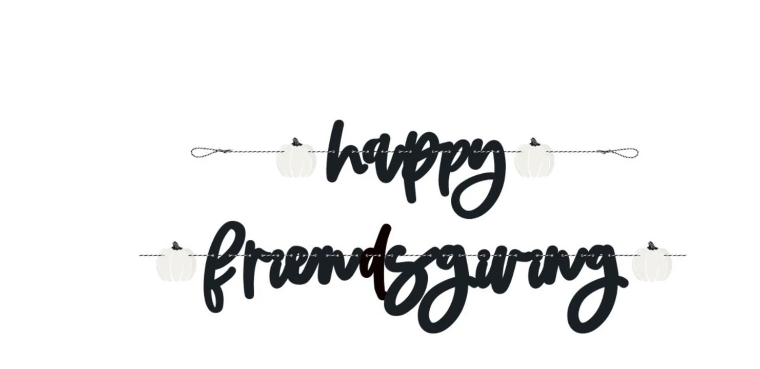 Black script "Happy" and "Thanksgiving" banner letters on a white string with small white turkey shapes.