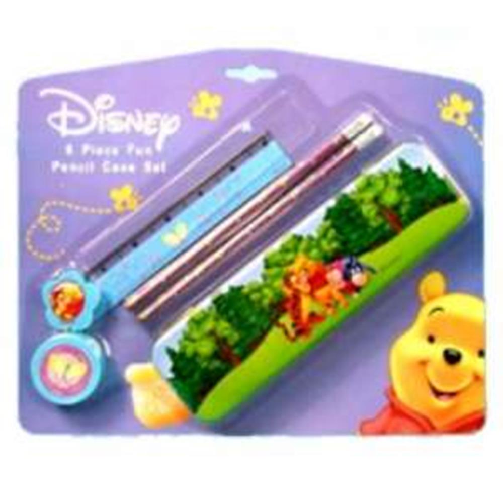 Purple Disney-themed pencil case set featuring Winnie the Pooh and pastel blue and pink pencils with character toppers.