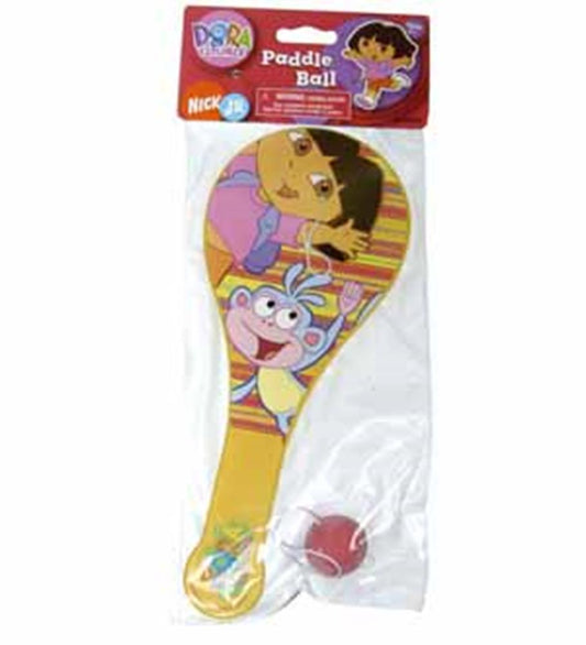 Wooden paddle ball set featuring colorful Dora the Explorer and Boots design with attached elastic ball.