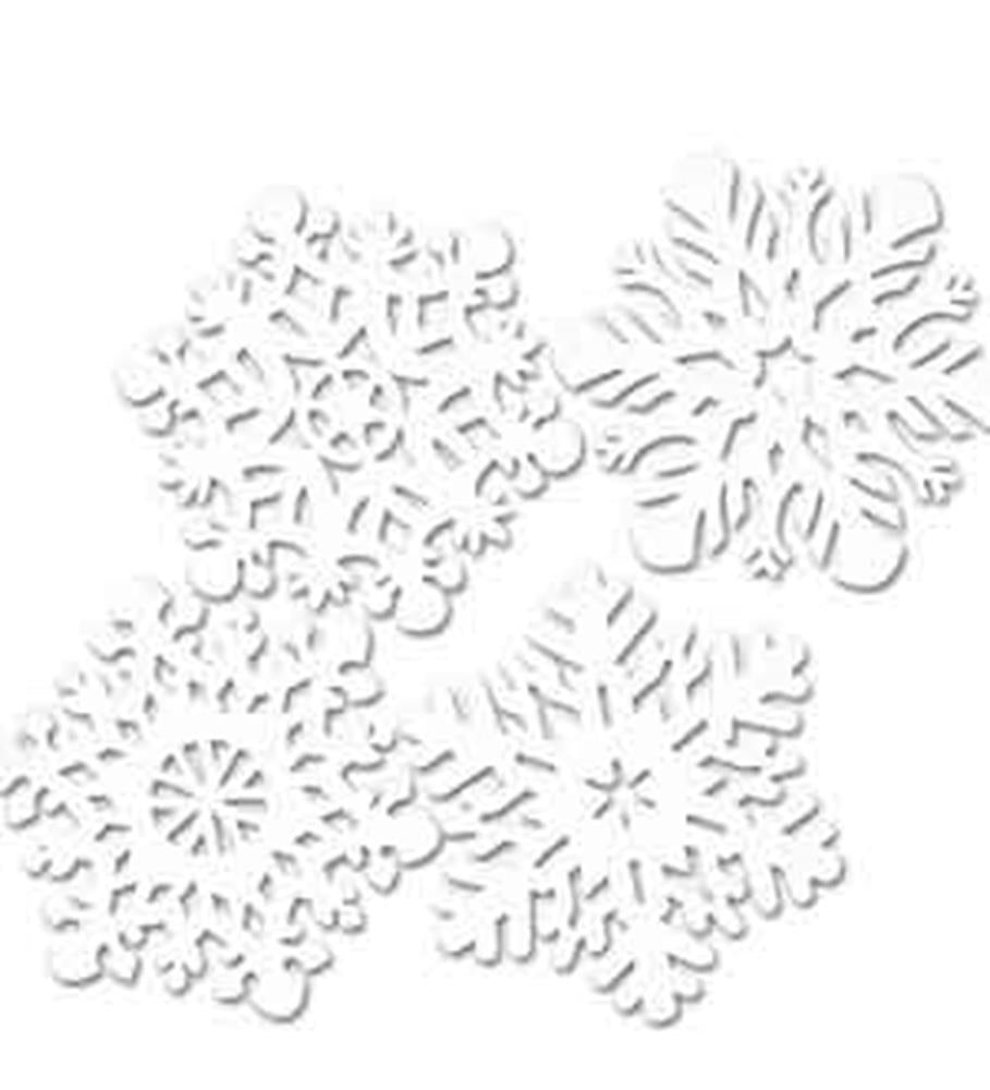 Set of four white 14-inch snowflake cutouts with intricate festive patterns for holiday decor.