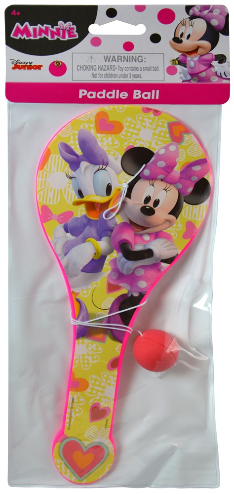 Colorful wooden paddle ball set featuring Minnie Mouse and Daisy Duck with a pink ball attached by string.