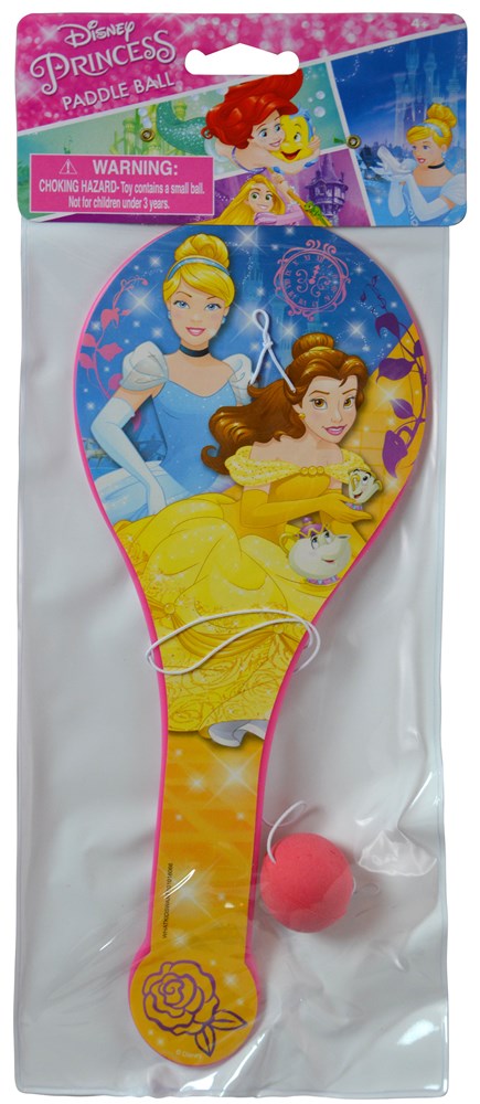 Colorful paddle ball set featuring Disney princesses Cinderella, Belle, and Aurora on the wooden paddle with a pink rubber.