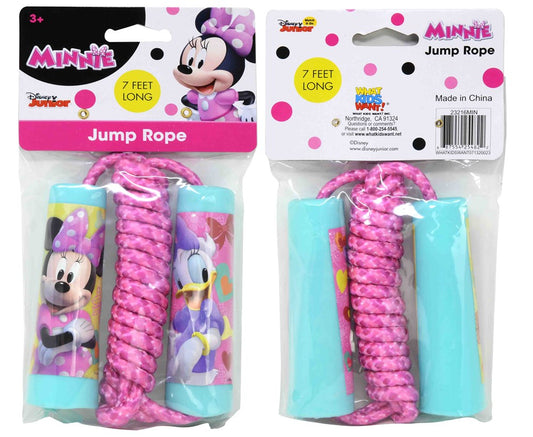 Pink braided jump rope with teal handles featuring Minnie Mouse and Daisy Duck illustrations on packaging.
