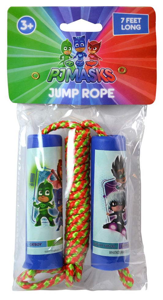 PJ Masks jump rope with blue handles featuring Catboy and Owlette graphics, multicolored braided rope.