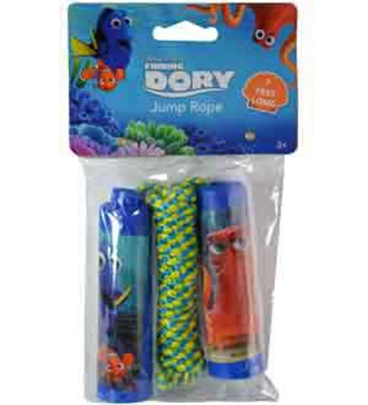 Finding Dory themed jump rope with blue and orange plastic handles and a yellow and blue braided rope.