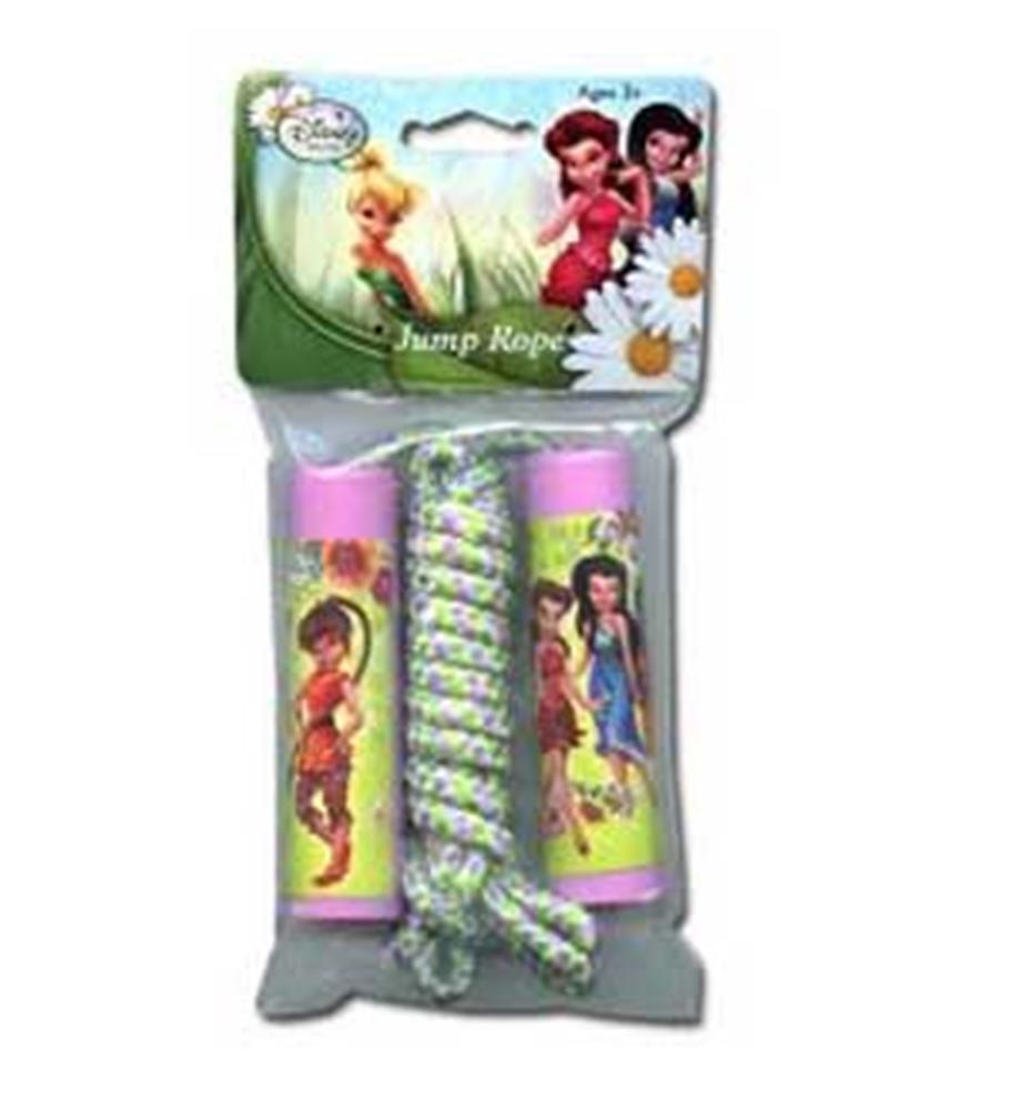 Tinkerbell-themed jump rope with pink handles and colorful fairy illustrations, braided white rope.