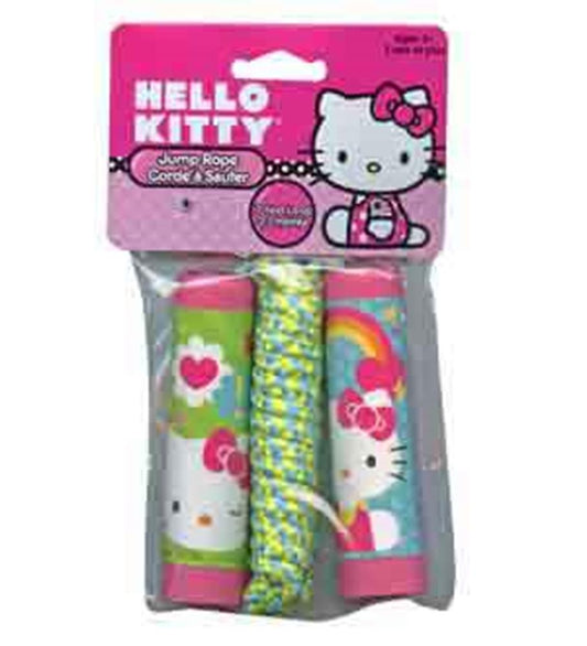 Hello Kitty jump rope with pink and green handles featuring Hello Kitty designs and a braided blue and yellow rope.