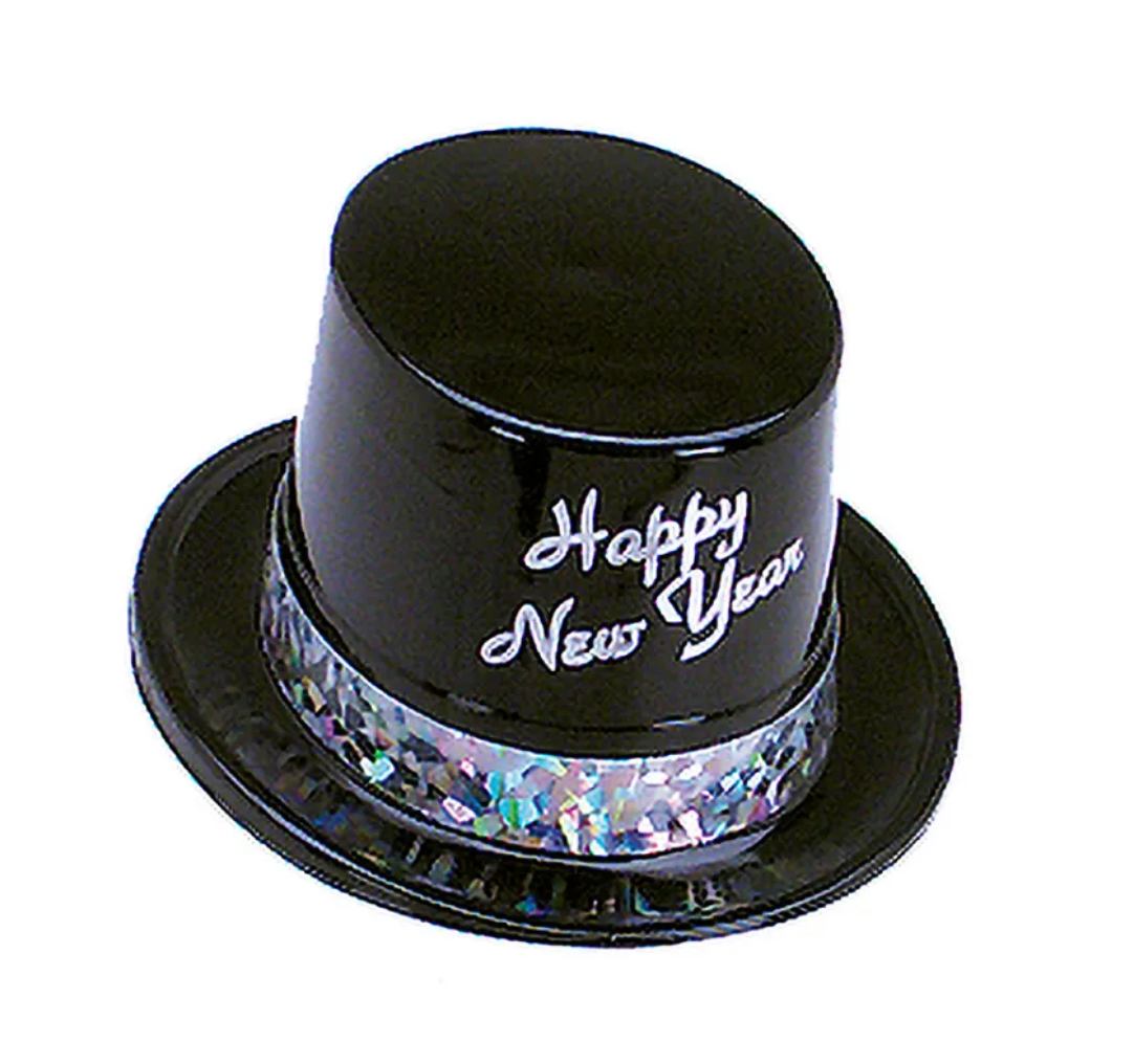 Black Top Hat with Silver Prismatic Band and Happy New Year