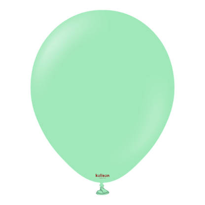 Mint green latex balloon, 18-inch round shape, smooth surface, inflated and tied at the bottom.