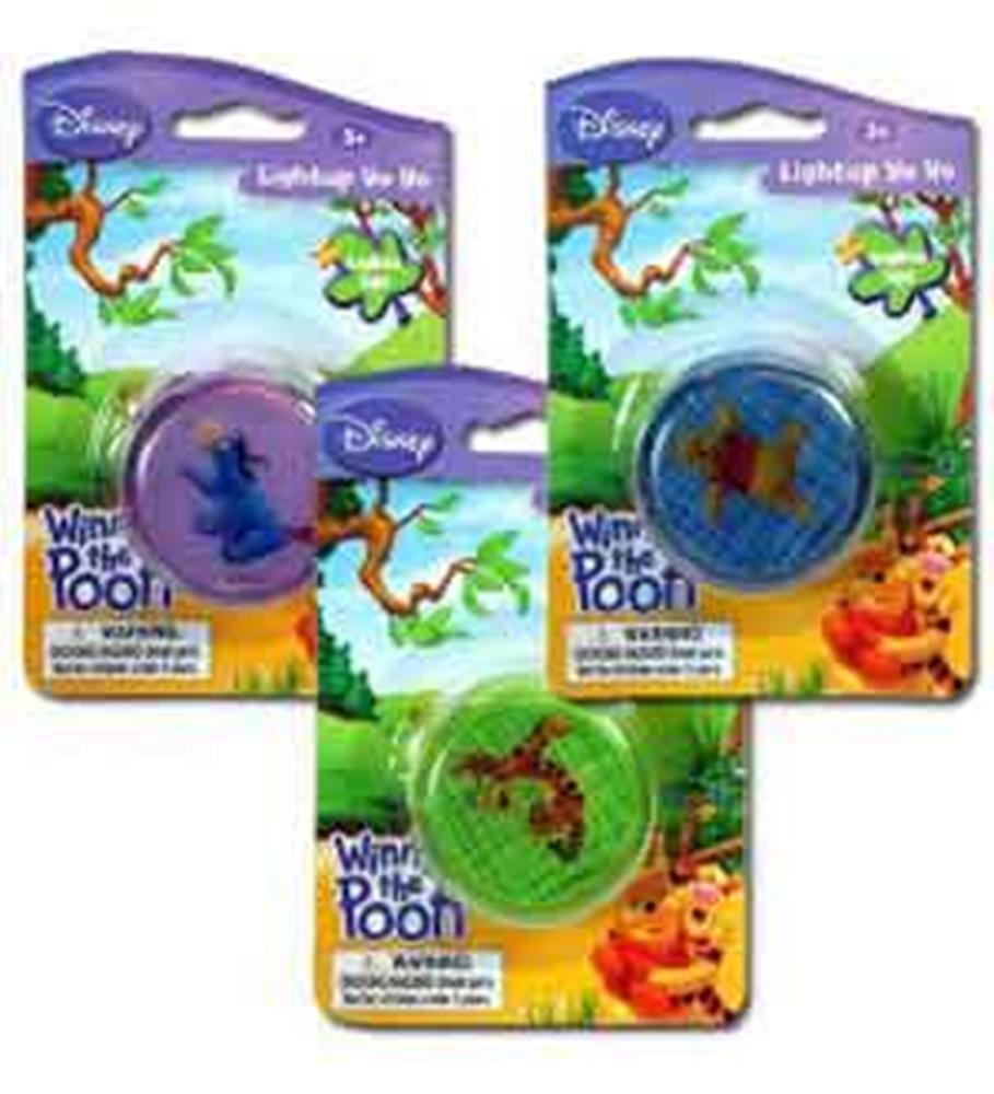 Three Winnie the Pooh light-up yo-yos in purple, blue, and green, each featuring a different character design.