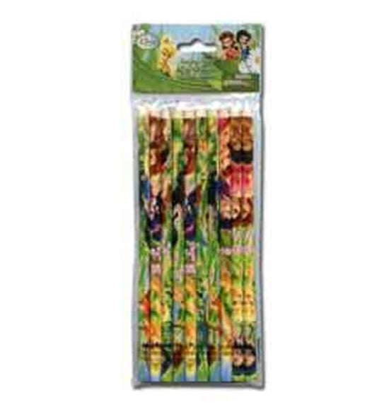 Set of 10 wooden color pencils featuring Tinkerbell and fairy-themed green and floral designs on the barrels in clear.