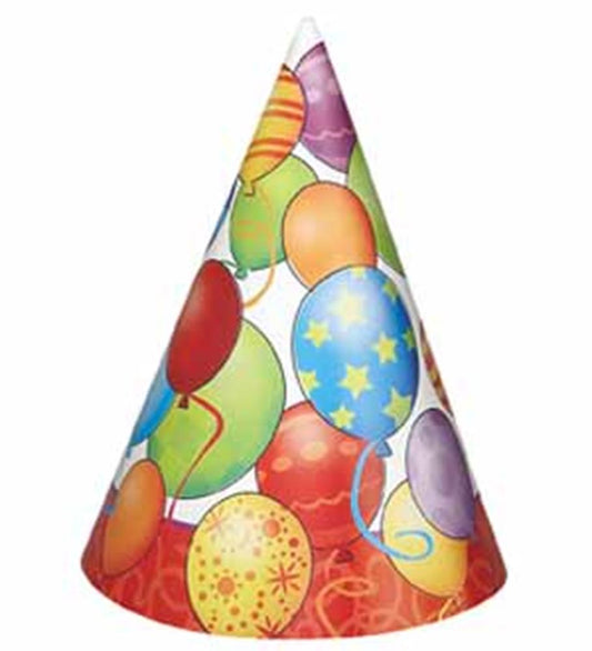 Colorful cone-shaped party hat decorated with various balloon prints in red, blue, green, orange, purple, and yellow.