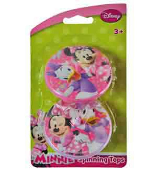 Two round pink plastic spinning tops featuring Minnie and Daisy in colorful outfits with bow accents on the packaging.