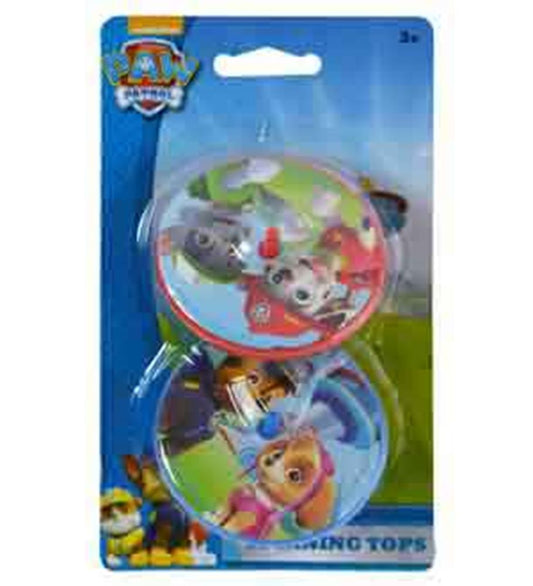 Two round plastic Paw Patrol spinning tops featuring Chase and Skye characters with vibrant blue and green backgrounds in.