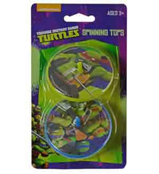 Two Teenage Mutant Ninja Turtles-themed colorful plastic spinning tops in green and blue packaging with cartoon turtle.