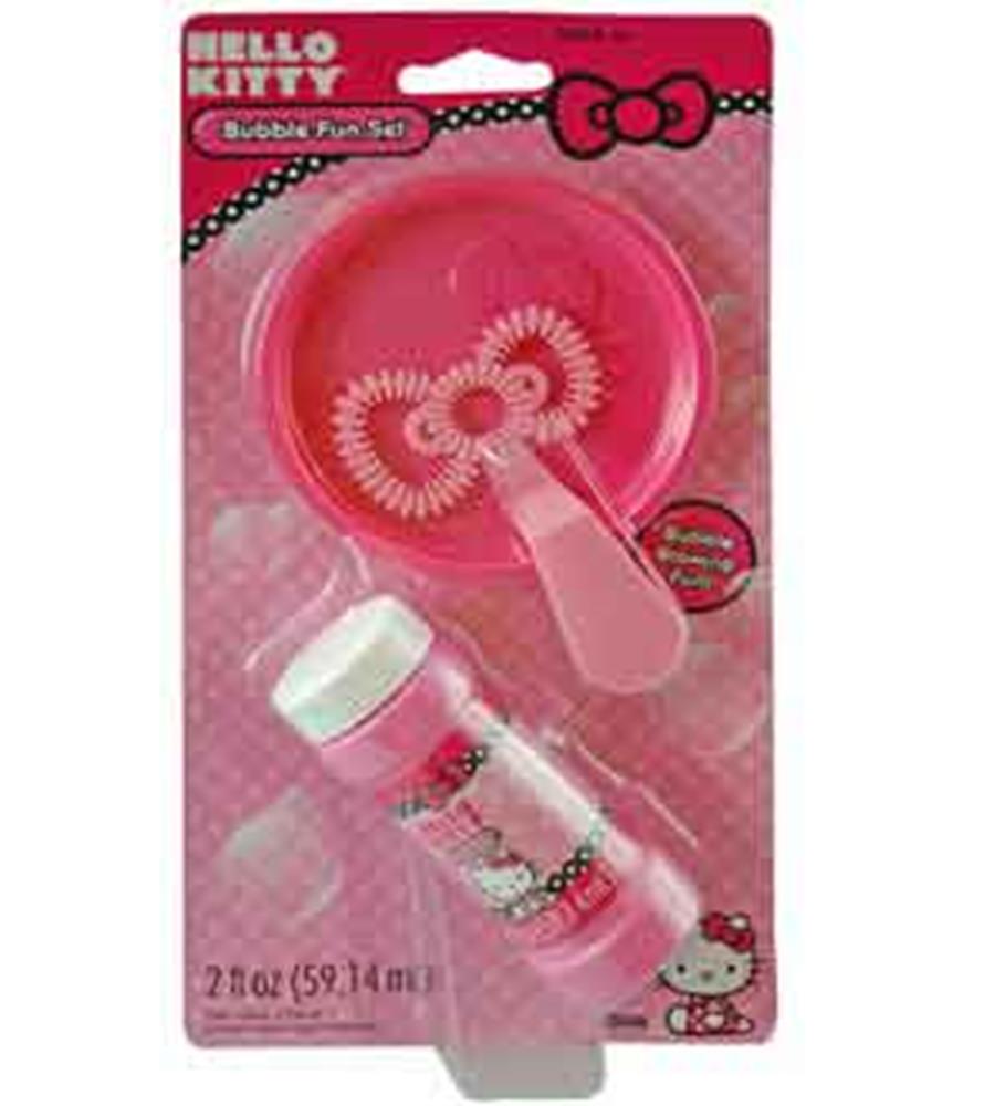 Hello Kitty bubble solution bottle with pink bow-themed bubble wand and pink tray in branded packaging.