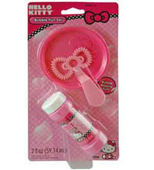 Hello Kitty bubble solution bottle with pink bow-themed bubble wand and pink tray in branded packaging.