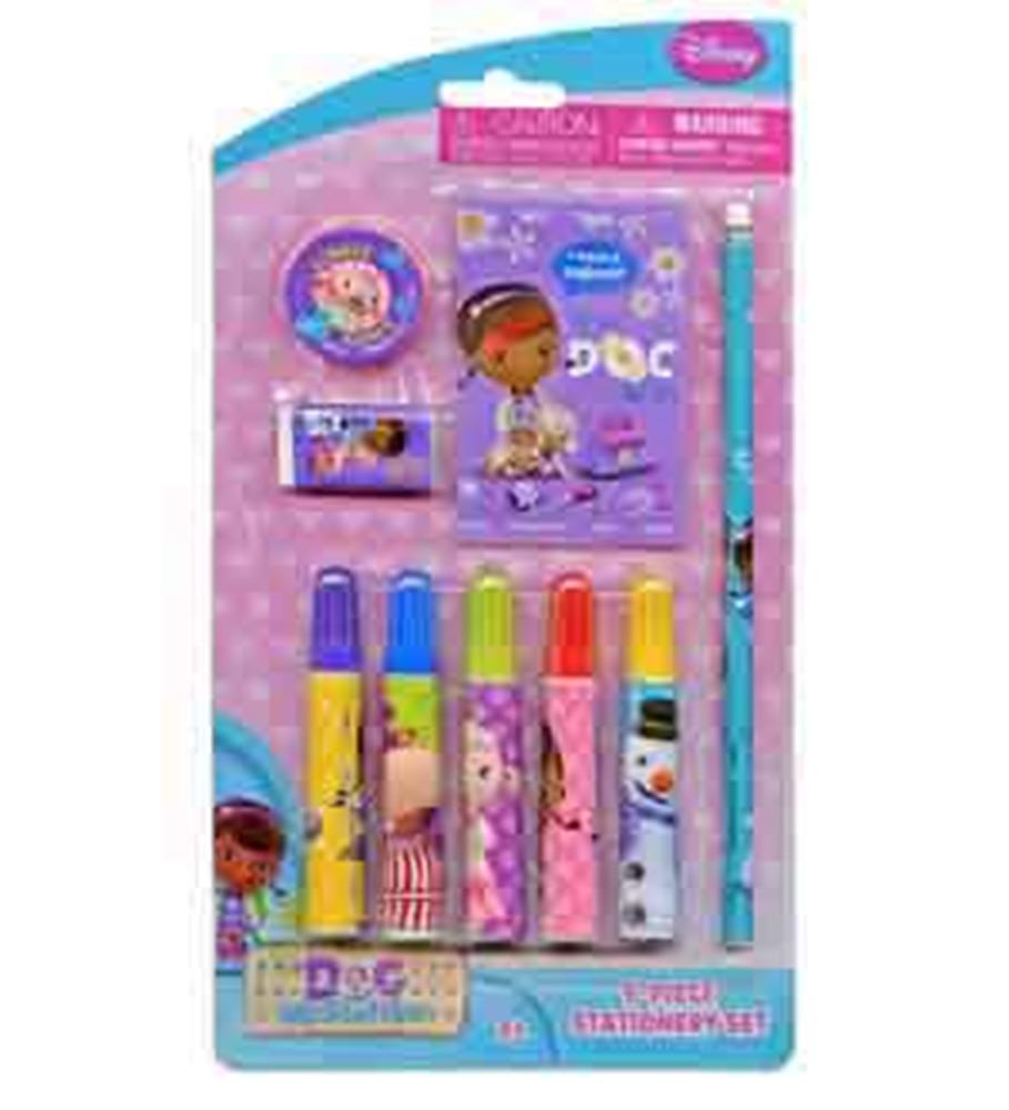Nine-piece Doc Mcstuffins-themed stationery set with purple notepad, eraser, sharpener, pencil, and five colorful markers.